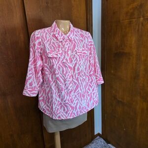 Croft & Barrow Womens Blouse Pink White Large Button Down Zebra Seersucker
